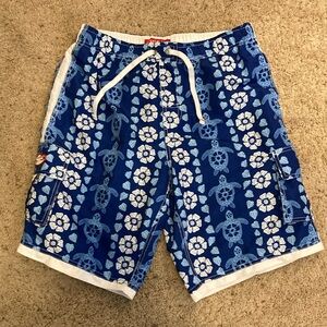 Ingear Surfer Bermuda Shorts Trunks Blue White Turtles & Hibiscus Flowers Size M